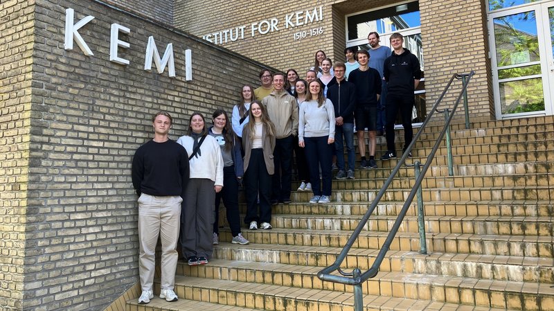 Fællesbillede af Besøgsservices værter på en trappen foran Institut for Kemi.