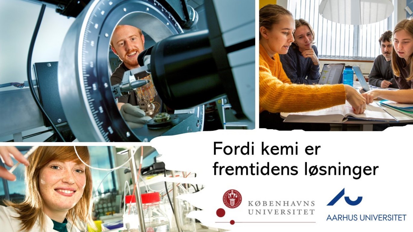 Three photos, two of persons in the laboratory and one of a study group, put together in an image with the text "Fordi kemi er fremtidens løsninger". 