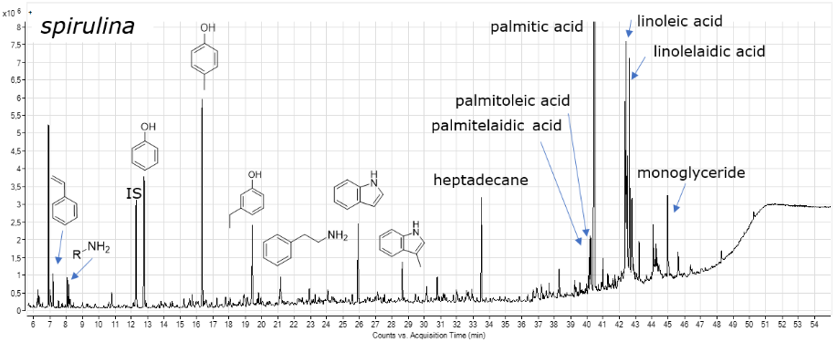 GC-MS chromatogram showing the peaks of different compounds from the biocrude of the feedstock Spirulina